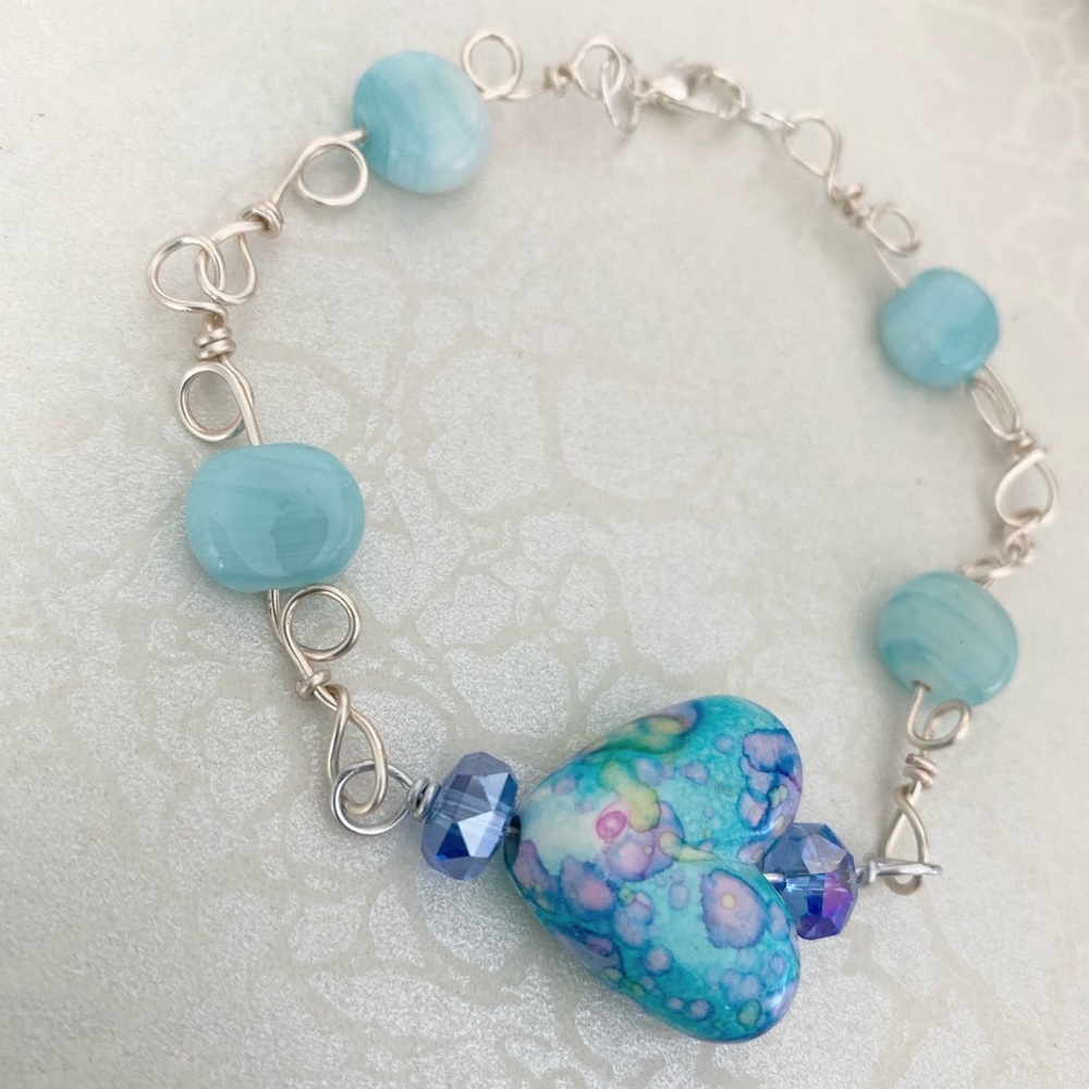 Handcrafted Turquoise Heart Bracelet with Blue Lampwork Glass Beads